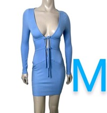 🆕Blue Ribbed Long Sleeve Front Ties Bodycon Mini Dress~Size M