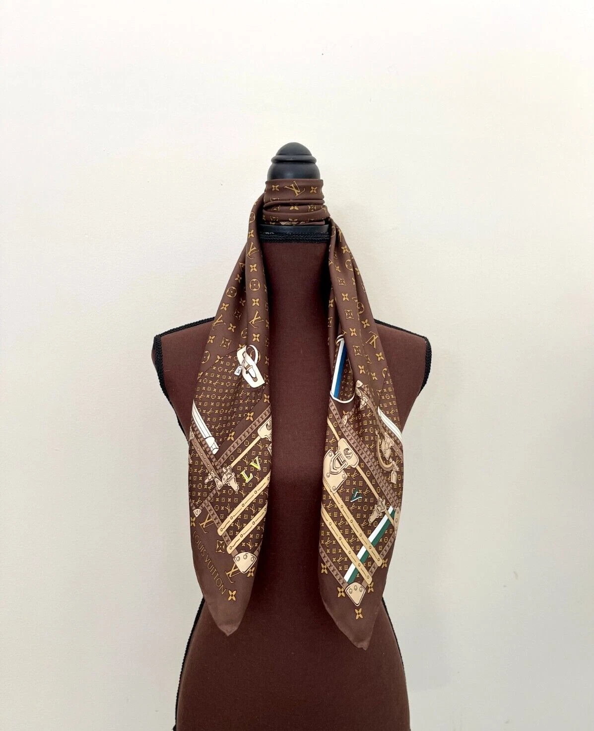 Louis Vuitton Classic Monogram Flowers Trunks Brown Silk Scarf Wrap