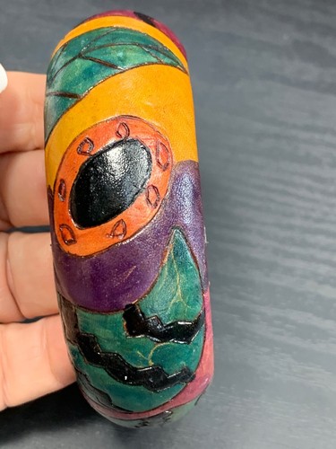 Bohemian Hand Tooled Colorful Abstract Leather Cuff Bracelet Boho Chic Purple - Picture 4 of 9