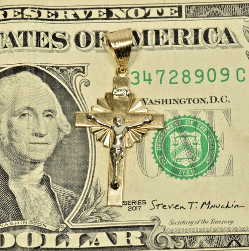 14k Solid Yellow Gold Cross White image Crucifix Pendant Classic Flat Bar style - Picture 4 of 7