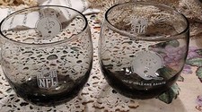 Vntg 2 Smoky Etched NFL New Orleans Saints Low Ball Glasses/Holds 8 Ounces