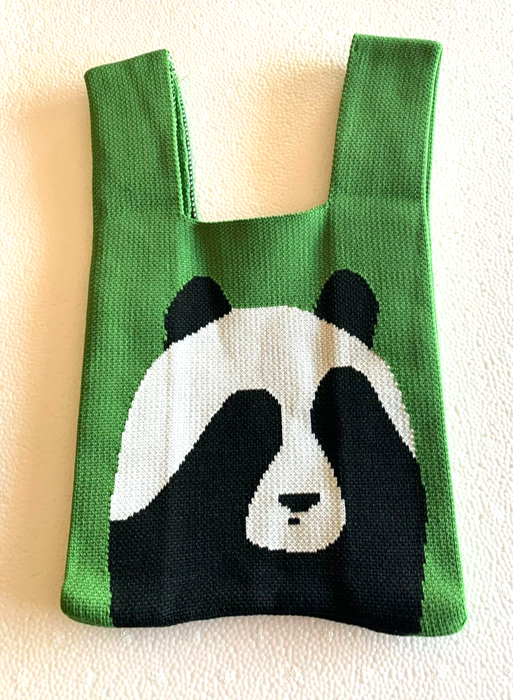 Eco-Friendly Heavy Knit Green Tote Bag with Cute Black White Panda Print Spacious NEW