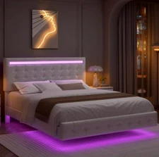 Marco De Cama LED Plataforma Tapizada Cuero Lujo Cabecero Curvo QUEEN Resistente