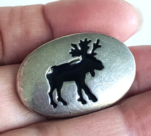 Vintage Silver Tone Black Enamel Moose Oval Pocket Stone 1.25" Animal Spirit