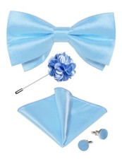 Mens Satin Pre-Tied Bowties and Pocket Square Cufflinks Lapel Pin Light Blue