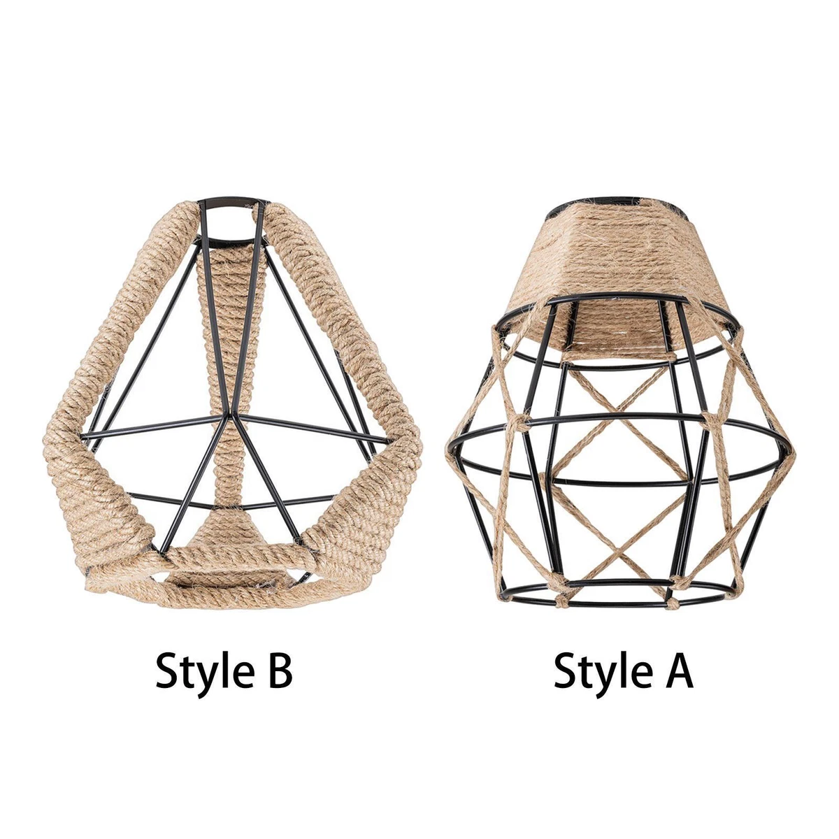 Industrial Pendant Light Shade Farmhouse Metal Cage Lampshade Woven Rope Lamp