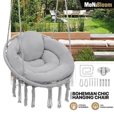 Grey Macrame Hammock Chair Outdoor Hanging Cotton Rope Swing Tassel Cushion Seat