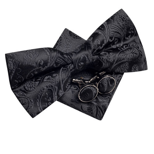 Striped Black Mens Bow Tie Set Hakerchief Cufflinks Wedding Prom Gift 3pcs Set - Picture 44 of 324