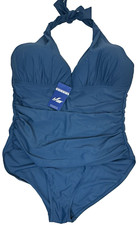 Hilor Womens Blue Green Halter Shirred One Piece Swimsuit Style 21004 New SZ 16