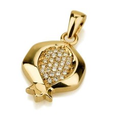 14K Yellow Gold Pomegranate Pendant Necklace Diamond Studded Jewish Jewelry