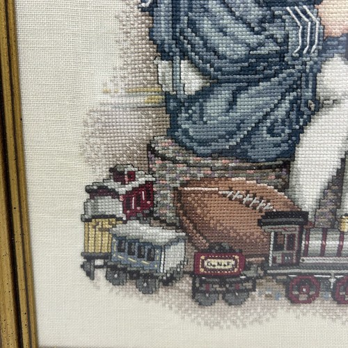 Vtg Framed Needlepoint Cross Stitch Old Fashion Boy Toys Wall Decor Art Signed - Picture 5 of 10