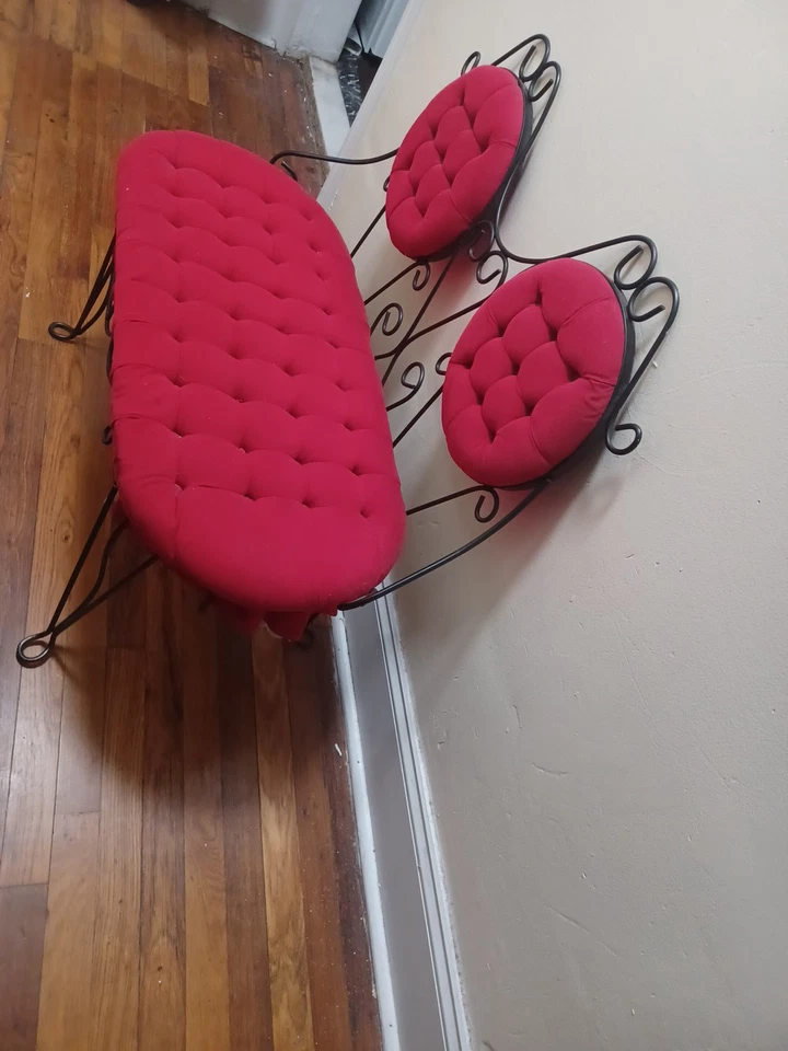 Red Tufted Bench Seat Antique Vintage Mid Century Black Metal - Image 3 of 4