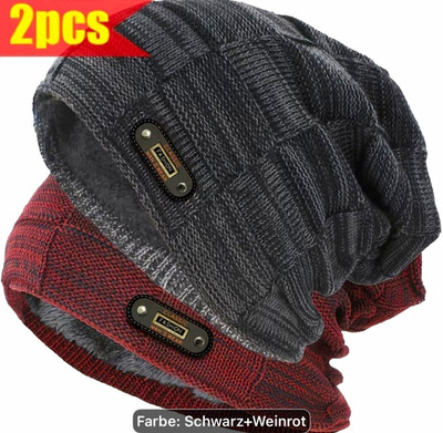 2er Set Strick Beanie Wollmützen Schwarz/Weinrot Herren 56-60 cm Herbst/Winter