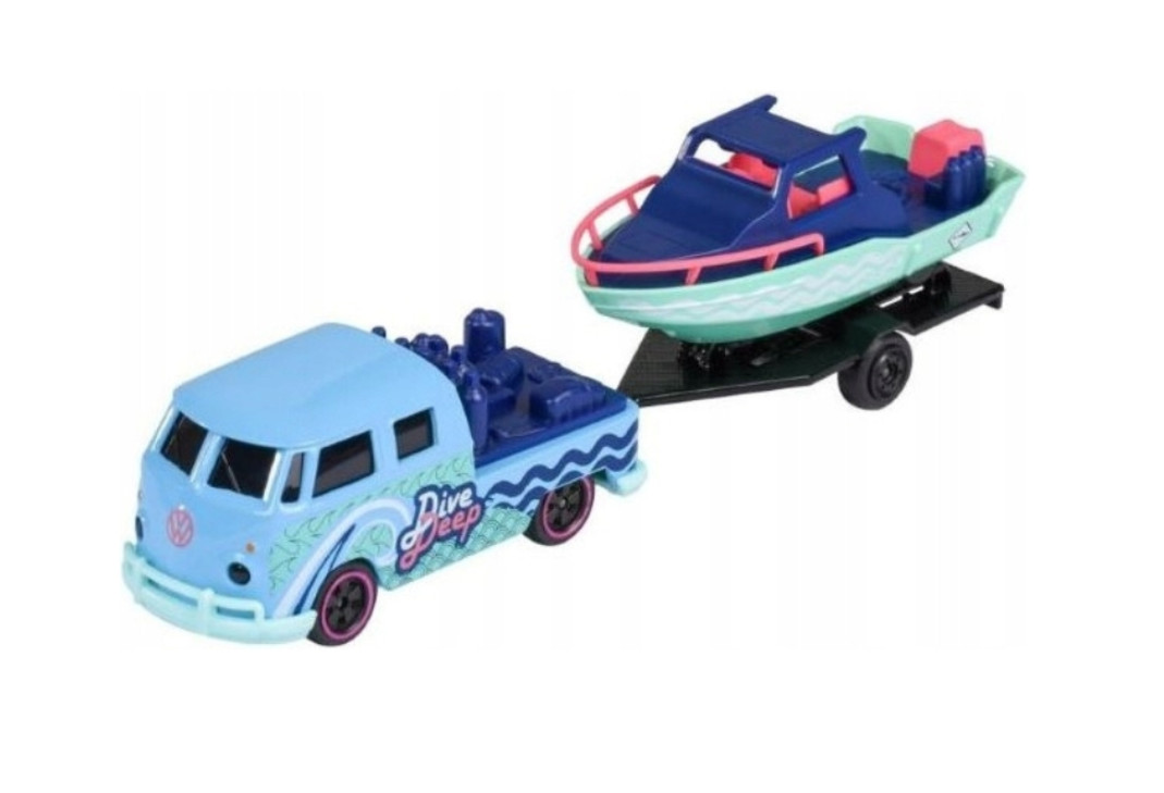 Car Volkswagen T1 + Boat Trailer Model Toy Diecast 1:64 Scale Majorette