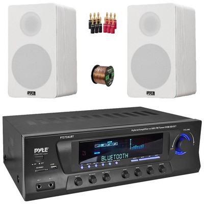 Pyle PT272AUBT Home Theater Receiver, 2x 6.5  White Home Speakers, Banana Plugs