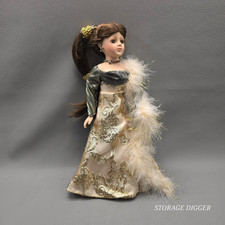Vintage Collectors Choice Porcelain Doll 15" Tall, Brown Eyes, Evening Dress