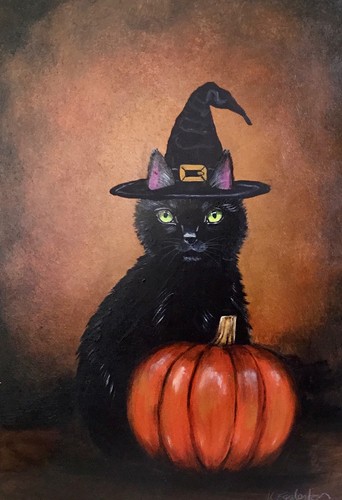 Original Painting. Black Cat Witches Familiar. Signed K Eggleston. - Picture 3 of 3