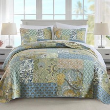 NEWLAKE Twin Quilt Set 100 Cotton Patchwork Green Bohemian