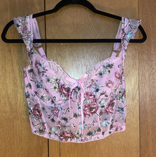 Pink Floral Lace Mesh Underwire Demi Bustier Corset Top Hook Eye XL DD