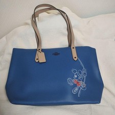 Coach Mickey Mouse Embroidered Leather Tote Bag Blue Authentic
