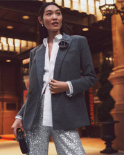 NEW ANN TAYLOR 198 GREY MELANGE TWILL RELAXED DOUBLE BREASTED LONG BLAZER SZ 4