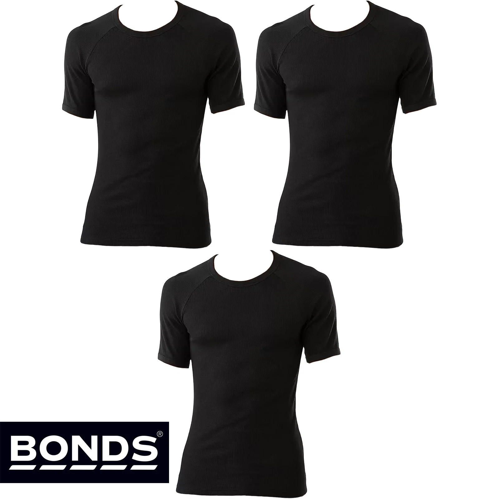3 Pack Bonds Aircel Thermal Short Sleeve Tee Waffle Knit Mens T-Shirt Black Bulk