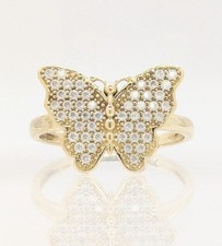 14K Solid Yellow Gold 2.9g Textured Butterfly White Stone Insect Ring Size-7.5