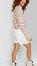 Wild Fable Women s V-Neck Tan Peach Stripe Pullover Cropped Sweater Large NWT
