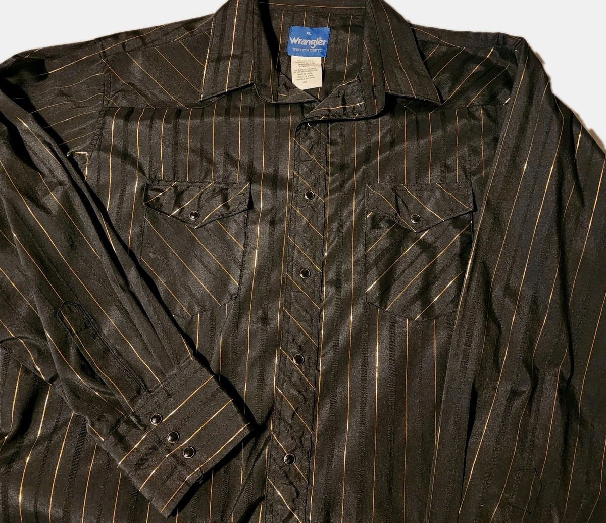 Vtg Wrangler Shirt Mens XL Black Gold Metallic Pearl Snap Western