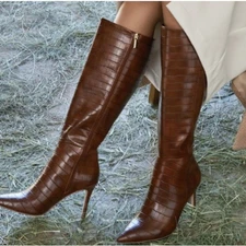 JustFab Brown Croc Embossed Style Knee High Boots Pointed Stiletto Women 8.5
