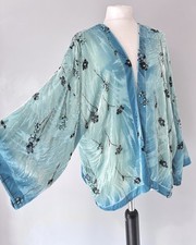 Dreamkeeper Blue Green Silk Velvet Burnout Blossom Bead Kimono Jacket PLUS 2XL+