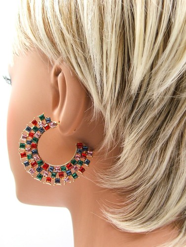 Gold Tone Hoop Earrings Featuring Oodles of Multi-Colored Crystals - Picture 2 of 2