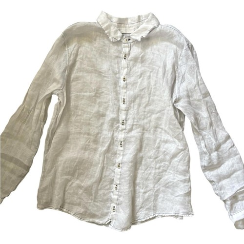 Camisa CP Tonos Hecha en EE. UU. Lino Abotonada Blanca/Azul Marino Costuras Talla Grande - Imagen 2 de 9