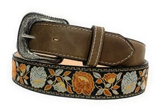WOMEN'S BROWN WESTERN COWBOY BELT FLORAL EMBROIDERED GENUINE LEATHER  RODEO BELT