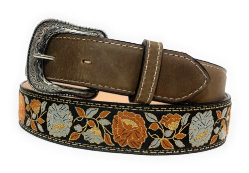 WOMEN'S BROWN WESTERN COWBOY BELT FLORAL EMBROIDERED GENUINE LEATHER  RODEO BELT - Picture 1 of 5
