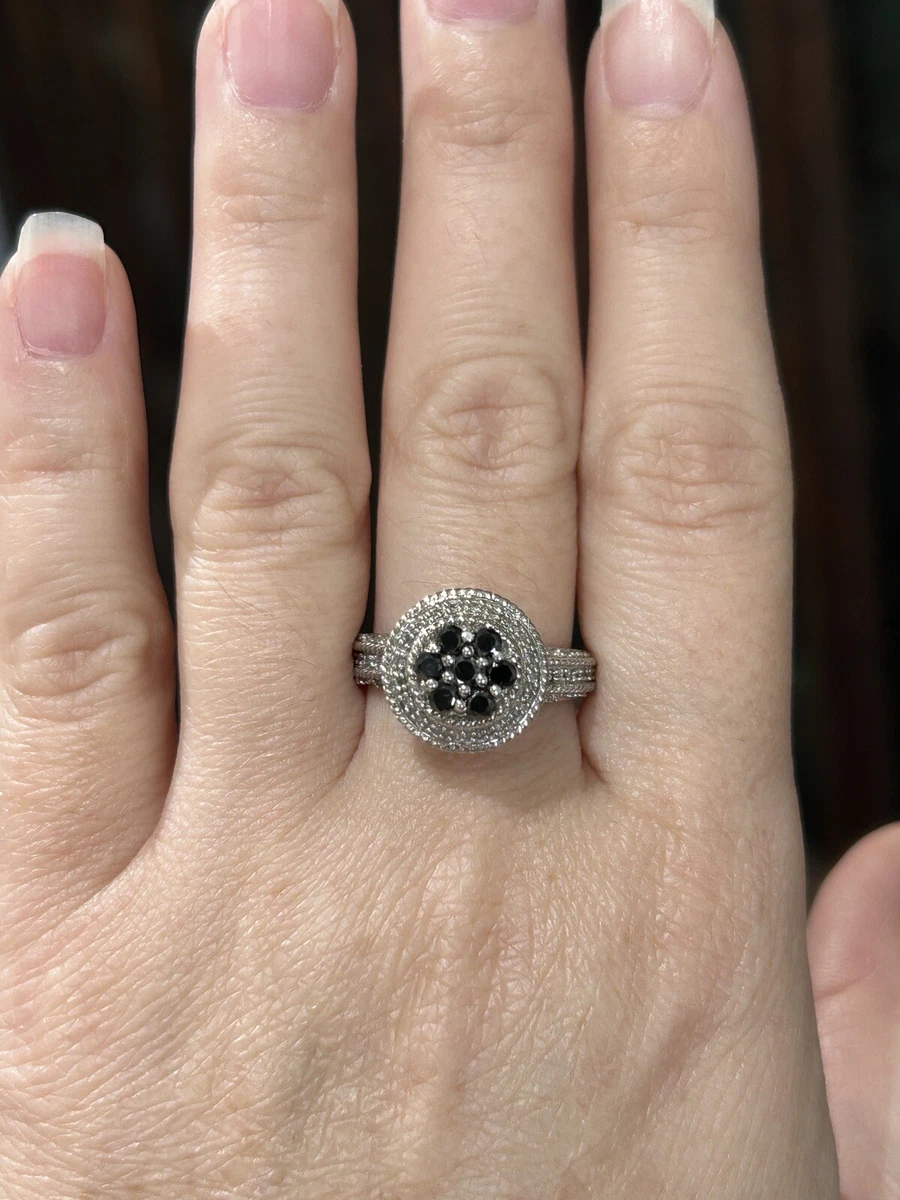 STUNNING ALTERNATIVE ENGAGEMENT RING Sterling Silver Black Diamond Cluster S 6.5
