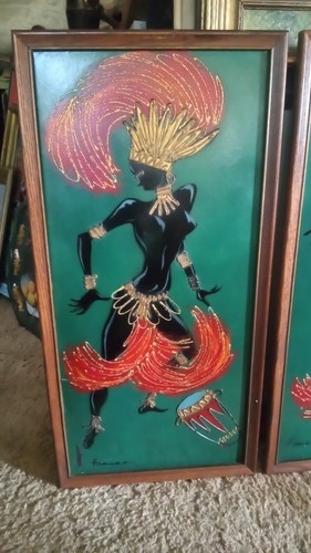Pair of Midcentury Modern Wall Afican Tribal Art Paintings, Signed Franco - Picture 7 of 10