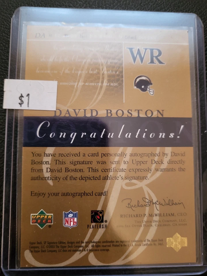 David Boston 2003 SP Signature Autographs #DA (RC) 030/100 SD Chargers - Image 2 of 2