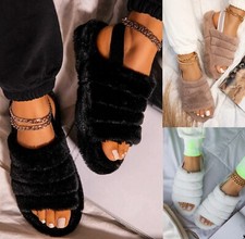 LADIES WOMENS FAUX FUR FLUFFY SLIDERS SLIPPERS SLIP ON FLAT SUMMER SANDALS MULES