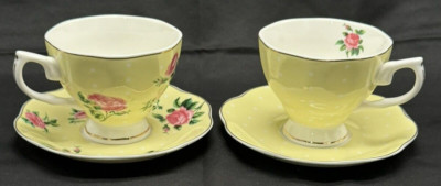 Set of 2 Brew to A Tea Pink Yellow Rose & Gold Trim Cup & Saucer in Original Box