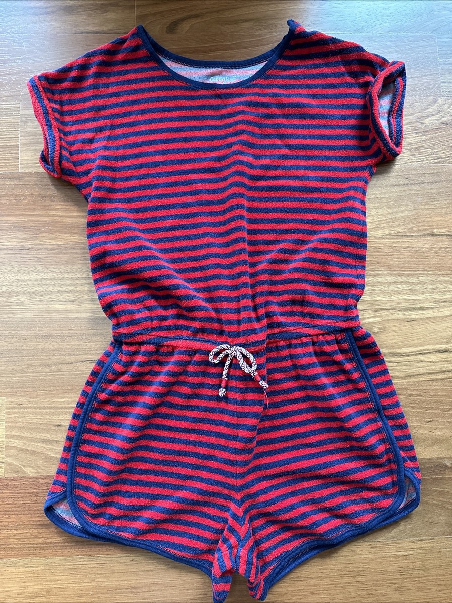 EUC Cat Jack Girls Terry Cloth Cover Up Romper Shorts Red Blue