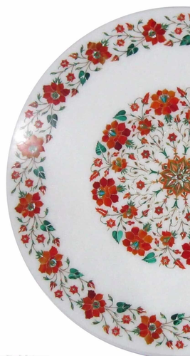 15" Round Marble Table Top with Carnelian Inlay Gemstone Handmade Work Home Deco - Picture 5 of 8
