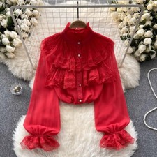 Damen Spitze Chiffon Bluse Hemd Kragen Top Rüschen Abgestuft Puffärmel Top Retro