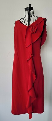 Emma & Michele Red Flower A-Line Dress Sleeveless Ruffle Asymmetric Neck Size 6