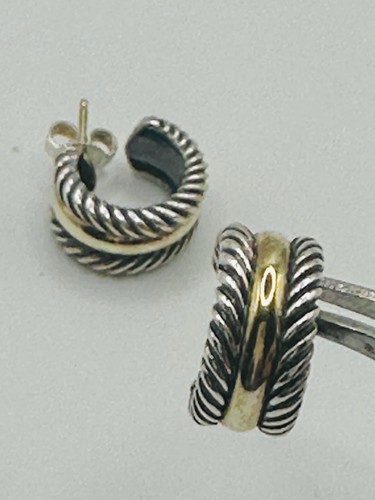 David Yurman Sterling 925 & 14k Gold 16mm Cable Thoroughbred Earrings A-28 - Picture 2 of 5
