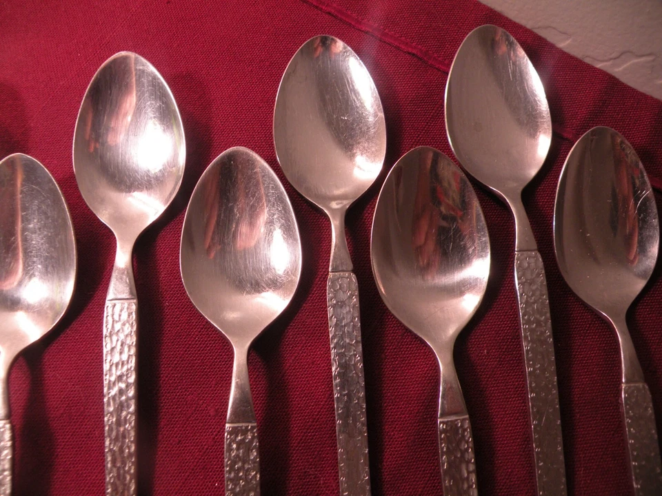 Set Of 9 Teaspoons Ekco Eterna Hammered Stainless EKS2 Japan Textured 1/4" - Image 3 of 4