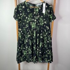 Black Friday Mini Dress Womens 8 Black Green Fairy Forest Print Short Sleeve NWT