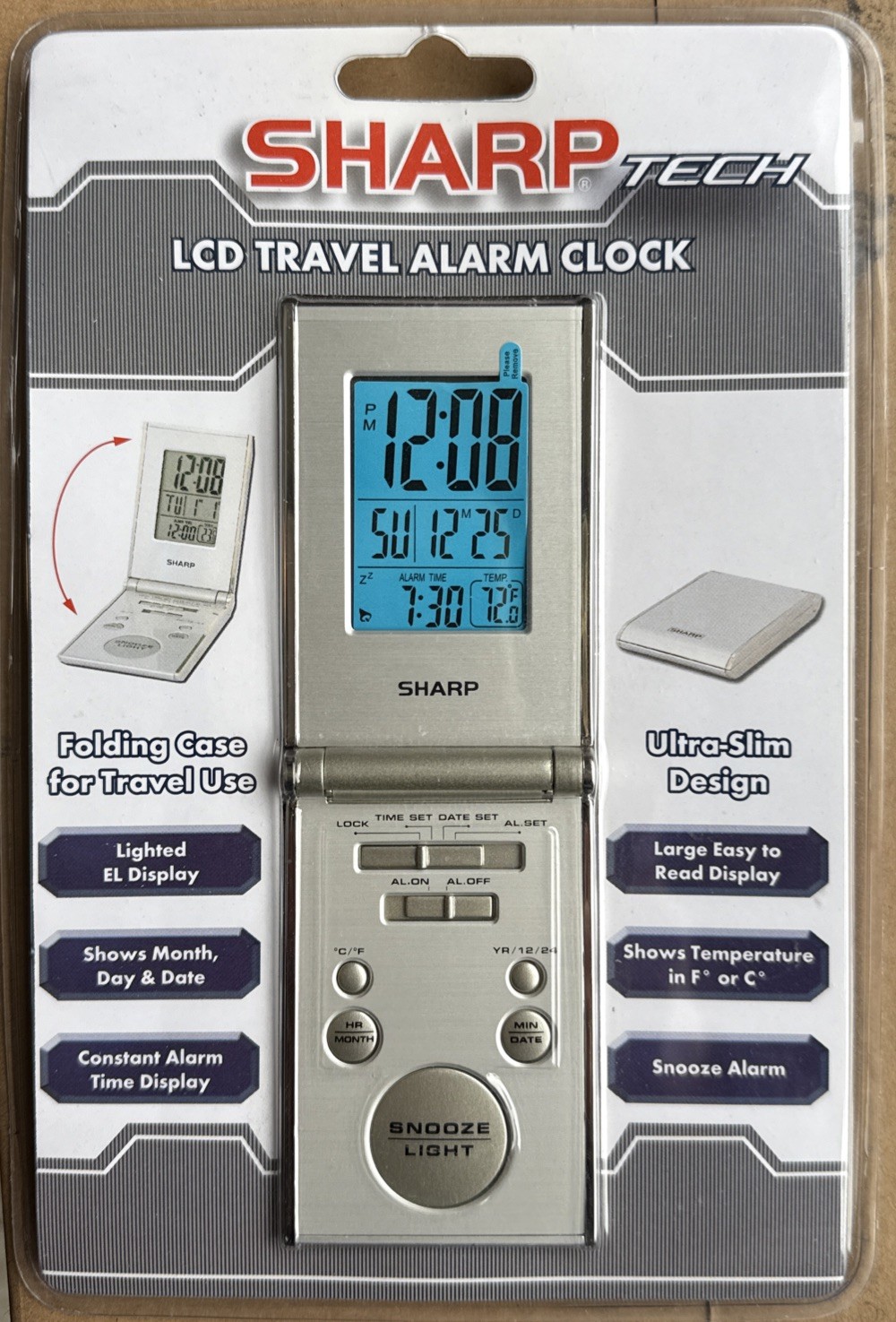 Sharp LCD Ultra Slim Folding Travel Alarm Clock Large Lighted Display Temp F/C