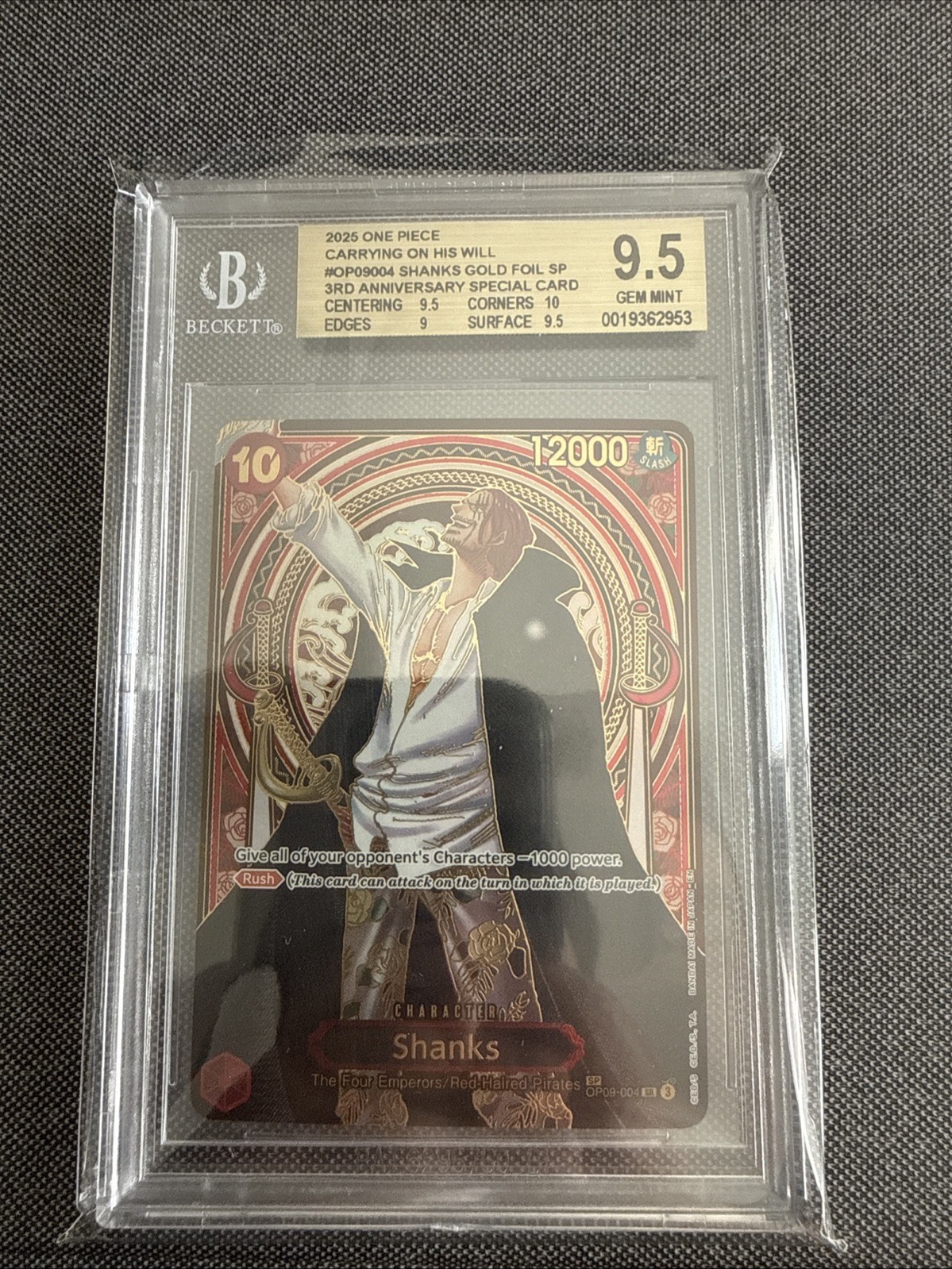 One Piece Shanks OP09-004 Gold Foil SP 3rd Anniversary Card BGS 9.5 Gem Mint EN