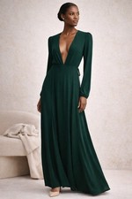 Reformation Green Maxi Dress Small Plunge V-Neck Long Sleeve Tie Back